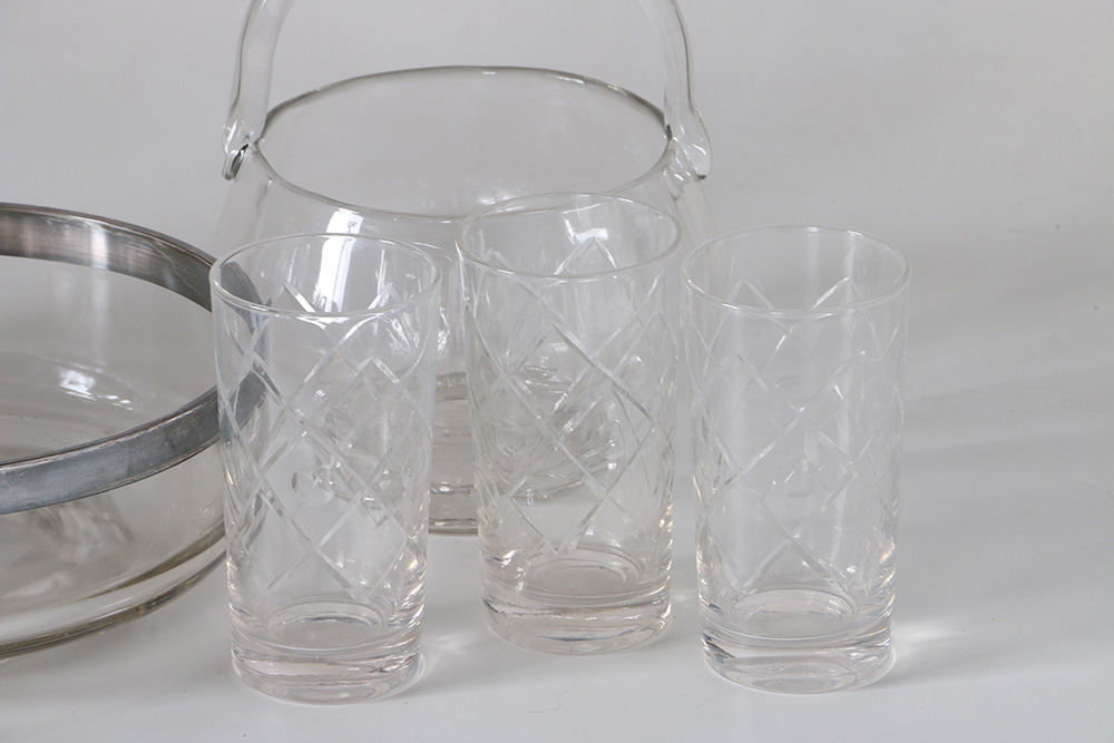 Glass Assortment Including Silver Tone Rimmed Dishes
