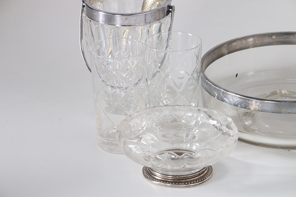 Glass Assortment Including Silver Tone Rimmed Dishes