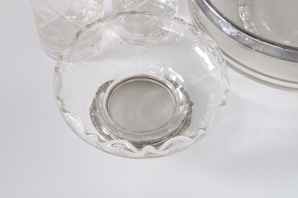 Glass Assortment Including Silver Tone Rimmed Dishes