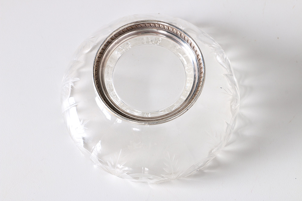 Glass Assortment Including Silver Tone Rimmed Dishes