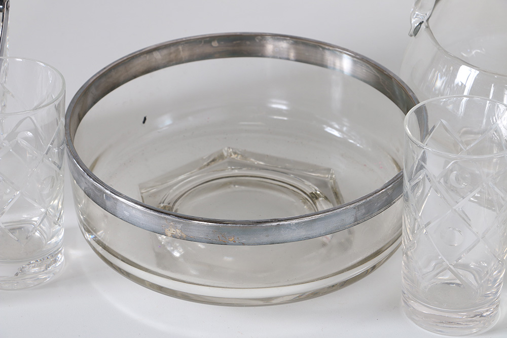 Glass Assortment Including Silver Tone Rimmed Dishes