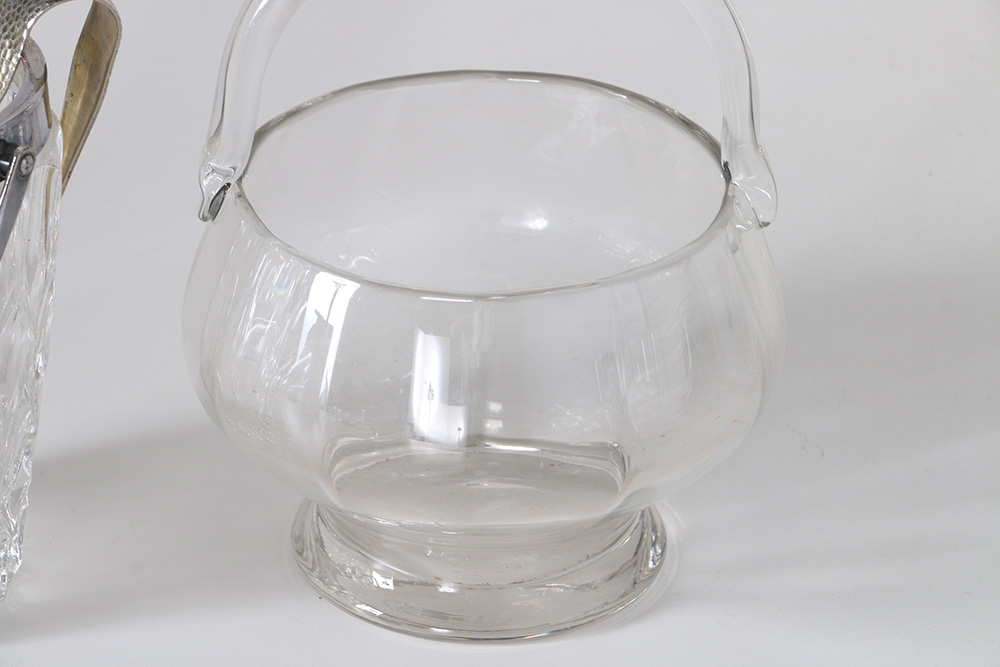 Glass Assortment Including Silver Tone Rimmed Dishes