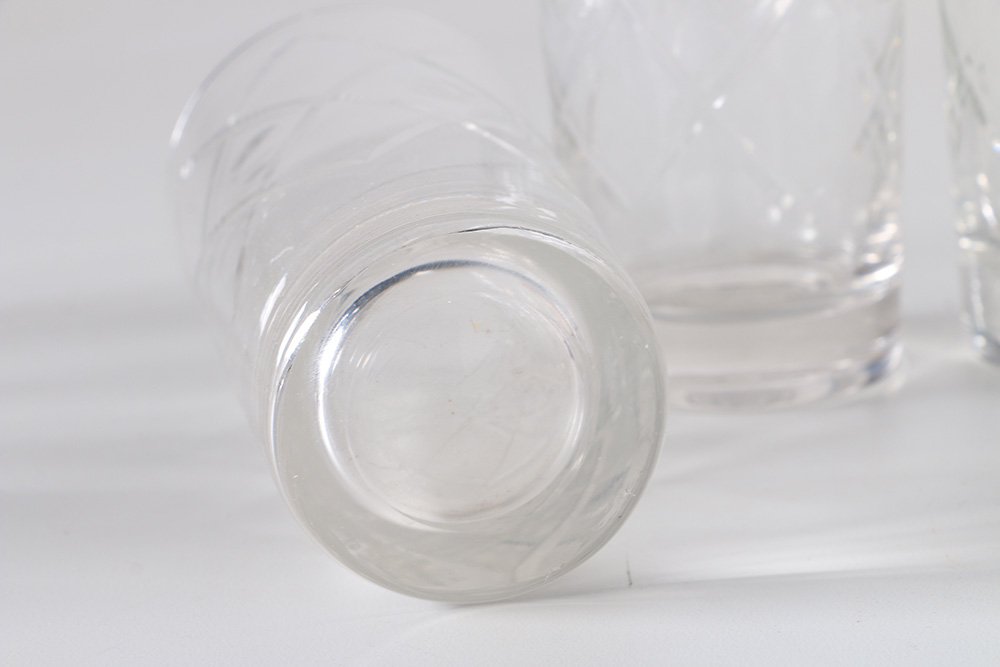 Glass Assortment Including Silver Tone Rimmed Dishes