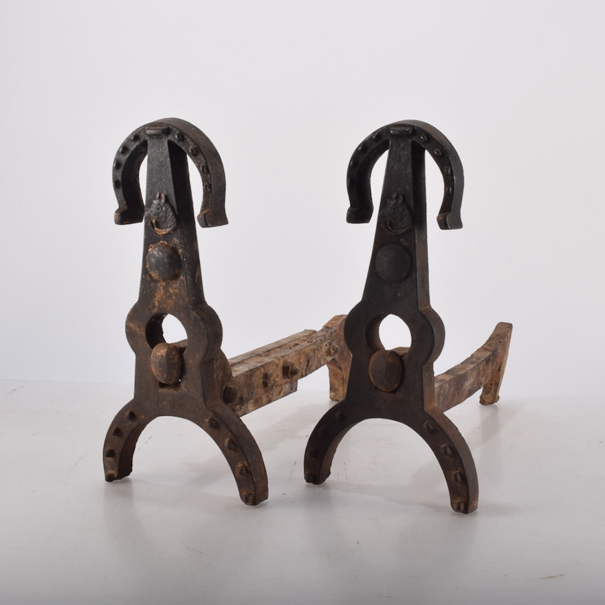 Vintage Cast Iron Horseshoe Andirons.