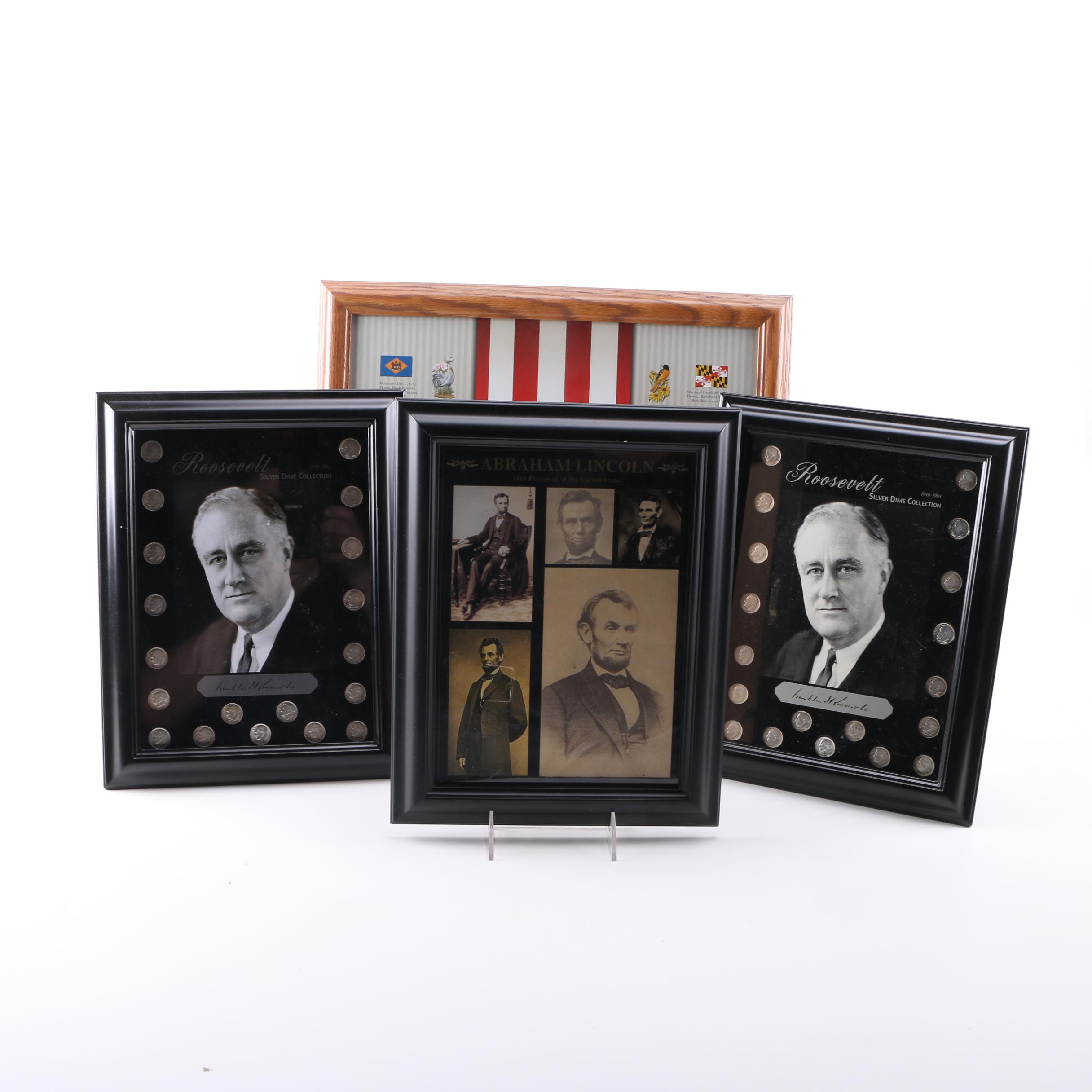 Framed Roosevelt Dimes and State Quarters