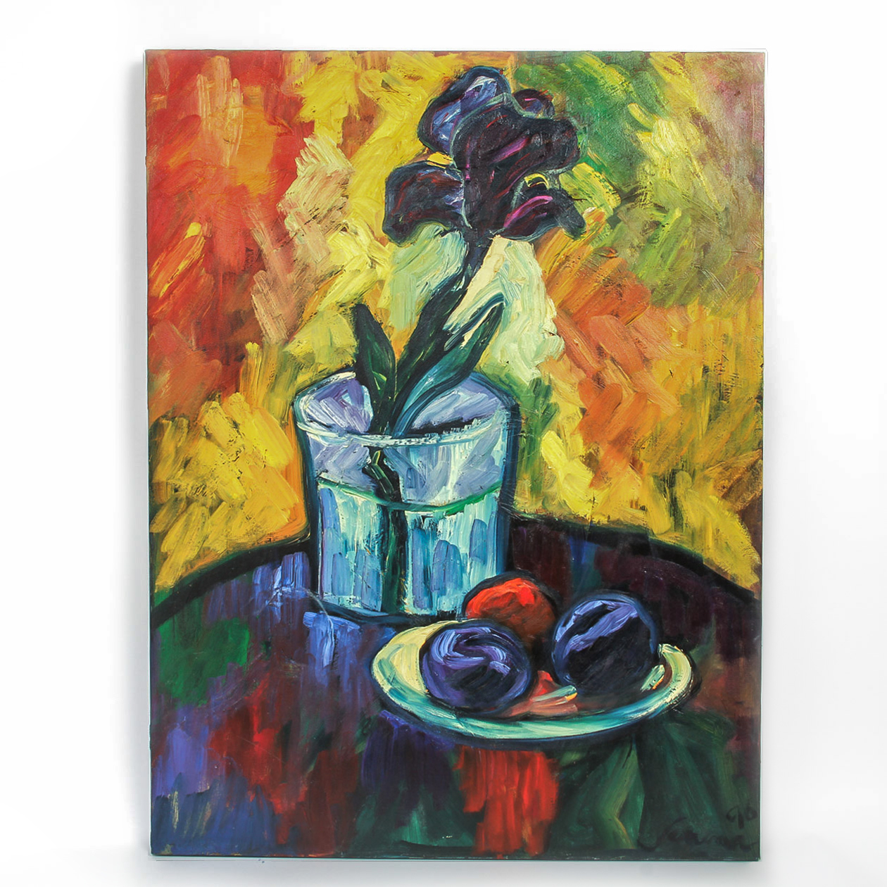 Jaruna Rosenfield Oil Painting on Canvas "Iris, Red, and Black Plums"