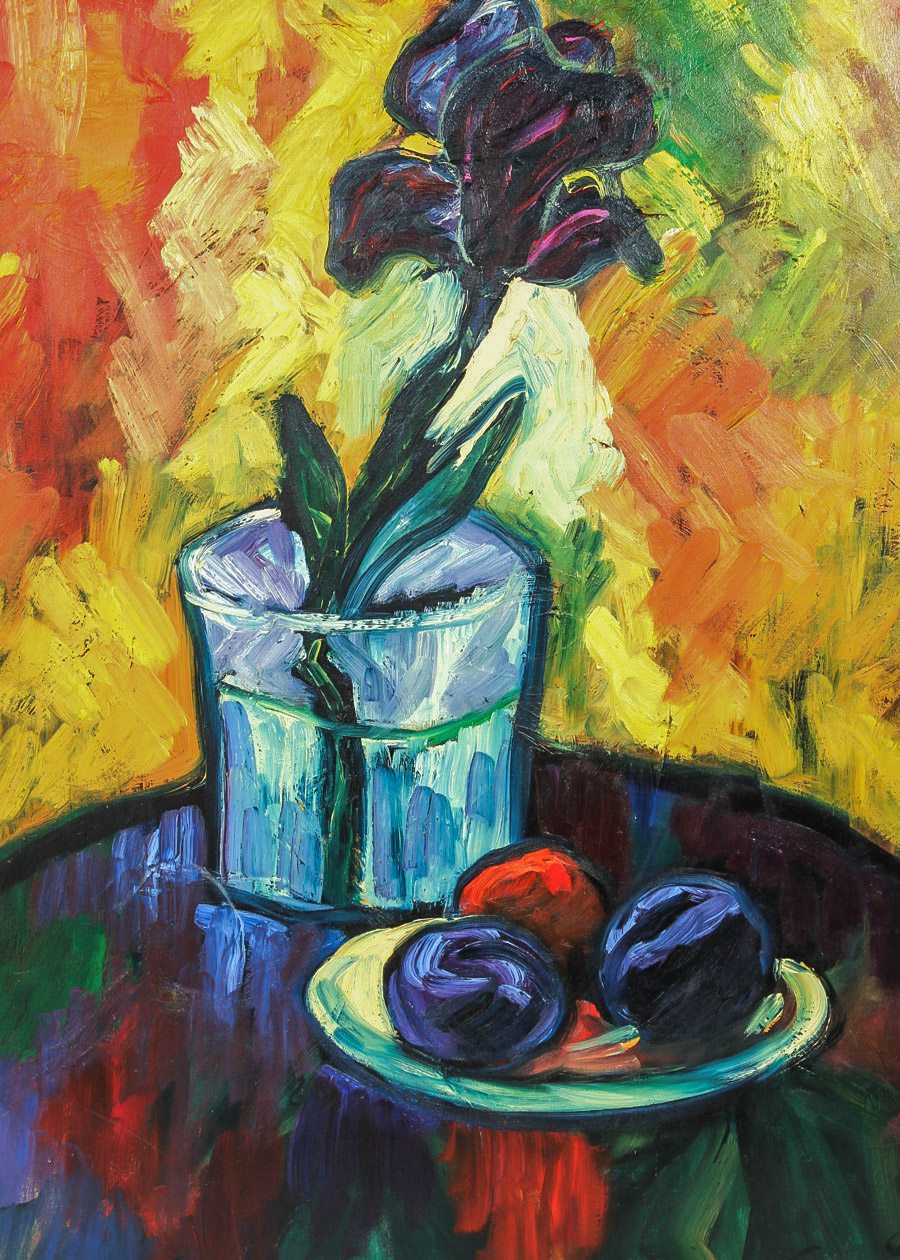 Jaruna Rosenfield Oil Painting on Canvas "Iris, Red, and Black Plums"