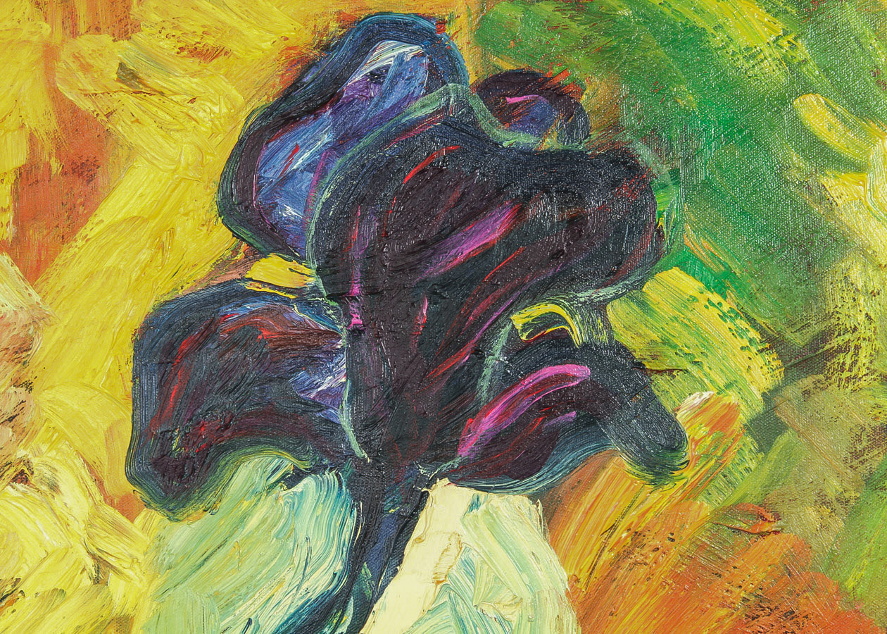 Jaruna Rosenfield Oil Painting on Canvas "Iris, Red, and Black Plums"