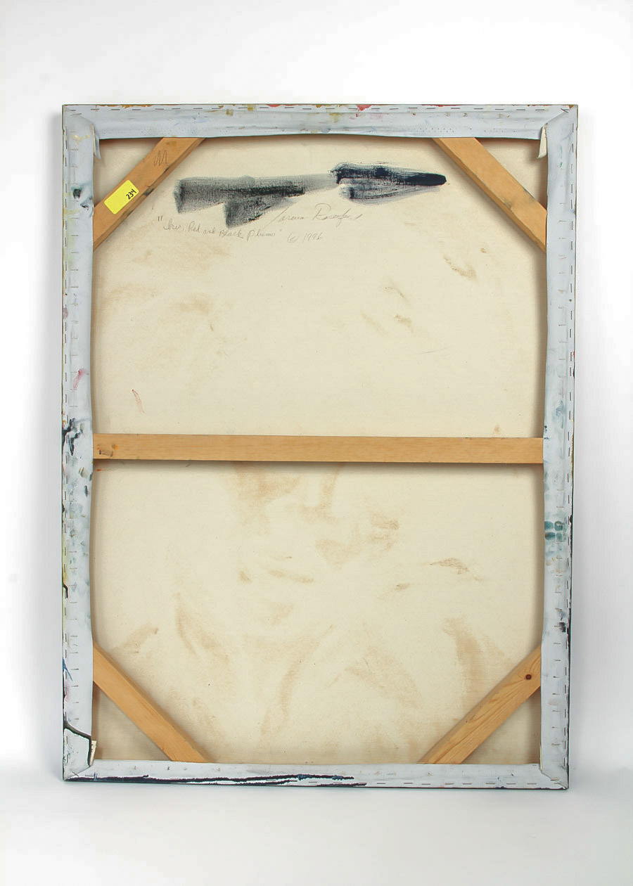 Jaruna Rosenfield Oil Painting on Canvas "Iris, Red, and Black Plums"