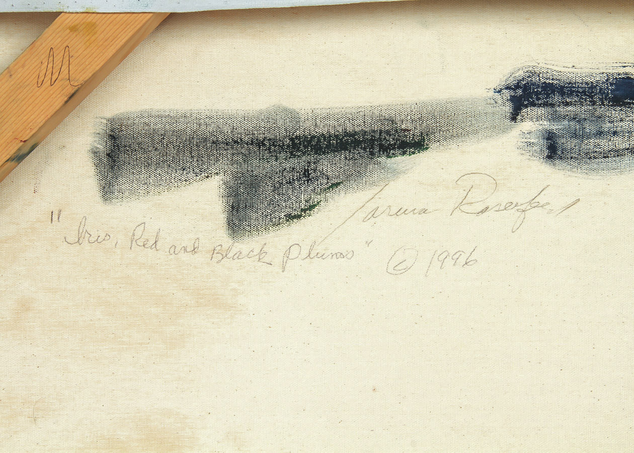 Jaruna Rosenfield Oil Painting on Canvas "Iris, Red, and Black Plums"