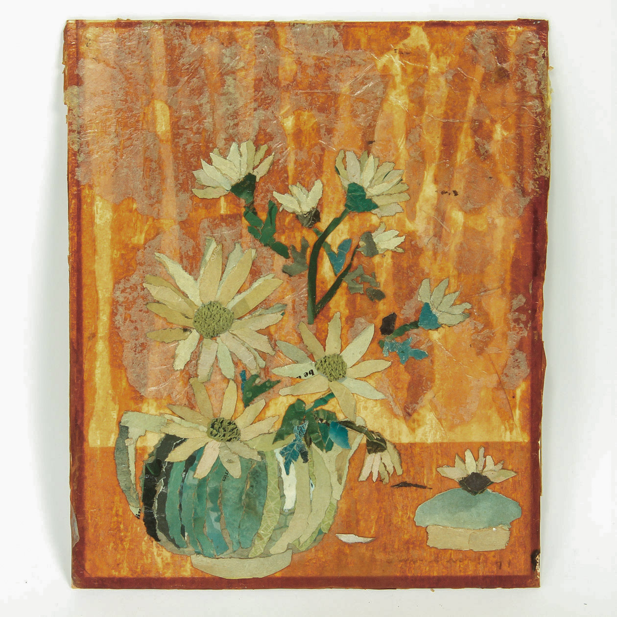 Irene Short Mixed Media Collage Painting on Cardboard "Marguerites"