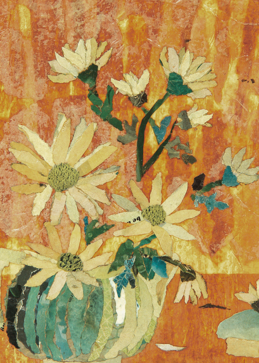 Irene Short Mixed Media Collage Painting on Cardboard "Marguerites"