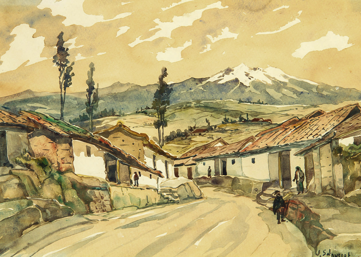 J. Salguerot Watercolor Painting on Paper "Peruvian Village Landscape"
