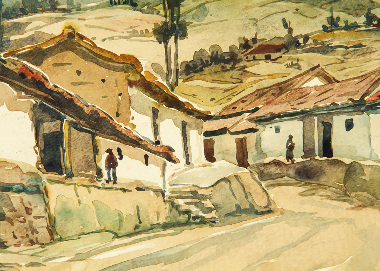 J. Salguerot Watercolor Painting on Paper "Peruvian Village Landscape"