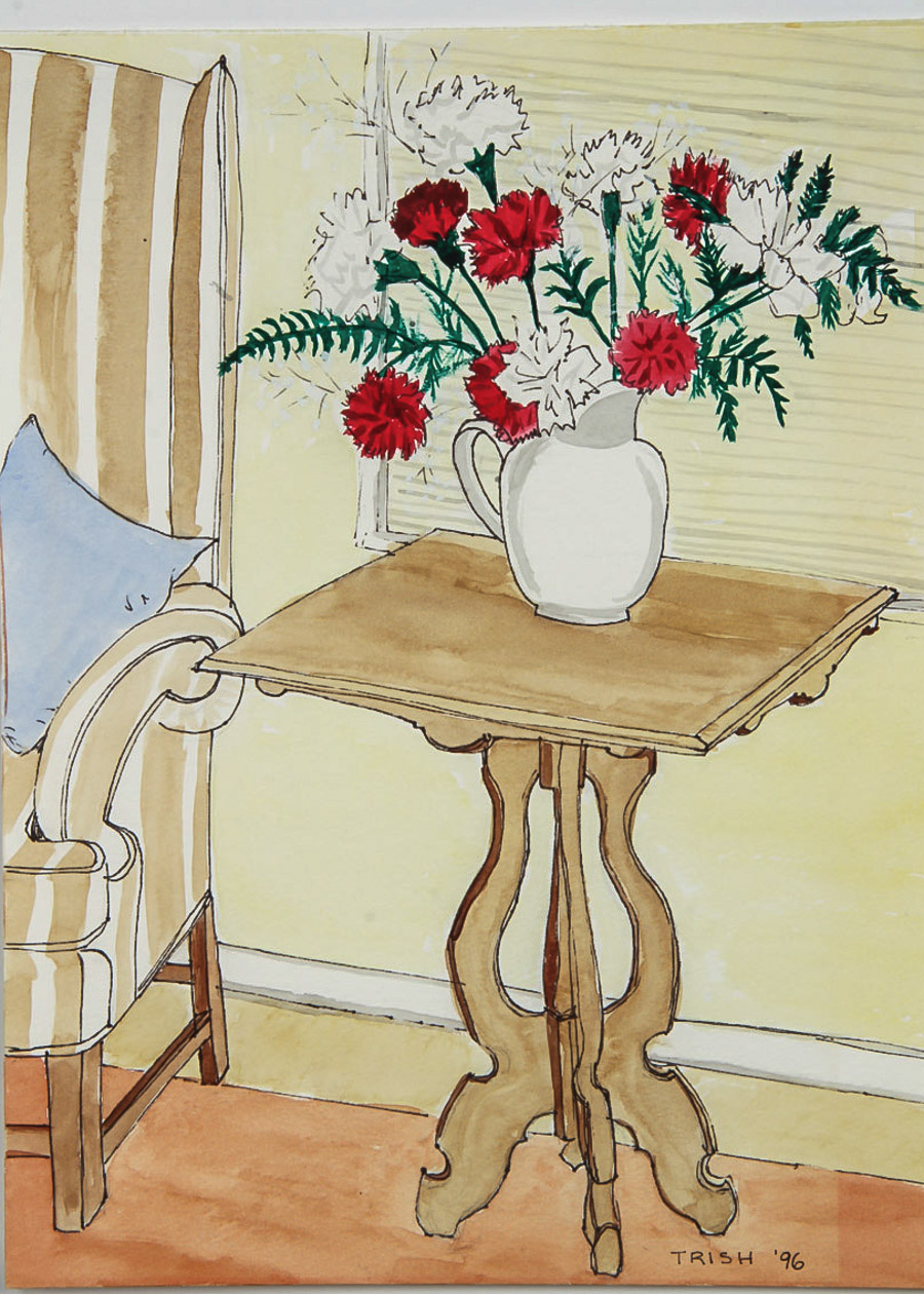 Signed Watercolor Painting on Paper "Red and White Carnations"