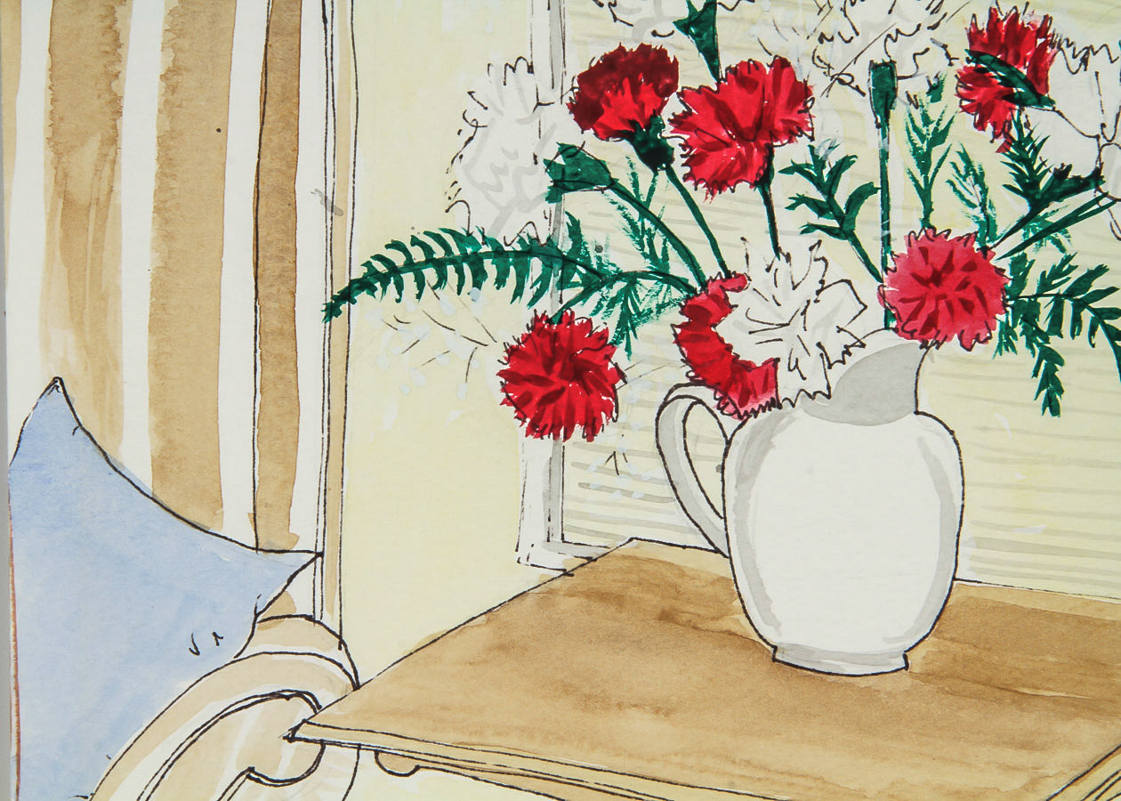Signed Watercolor Painting on Paper "Red and White Carnations"