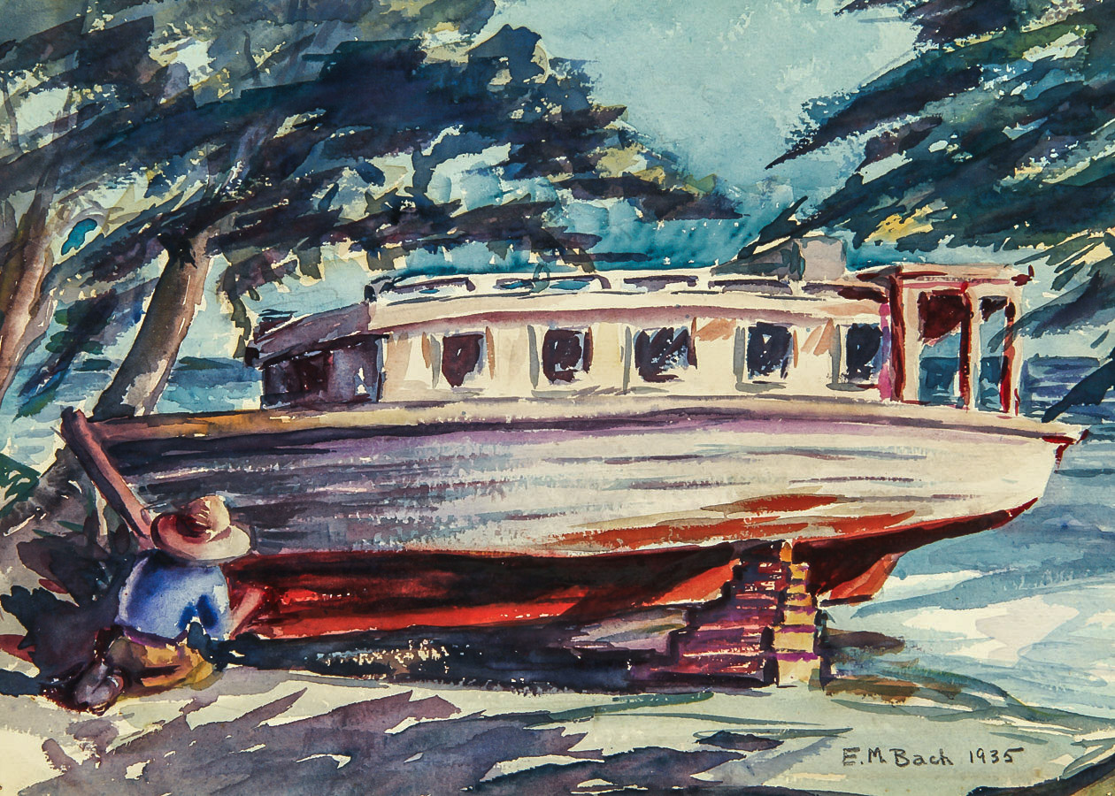 E.M. Bach Watercolor Painting on Paper "Caulking the Hull"