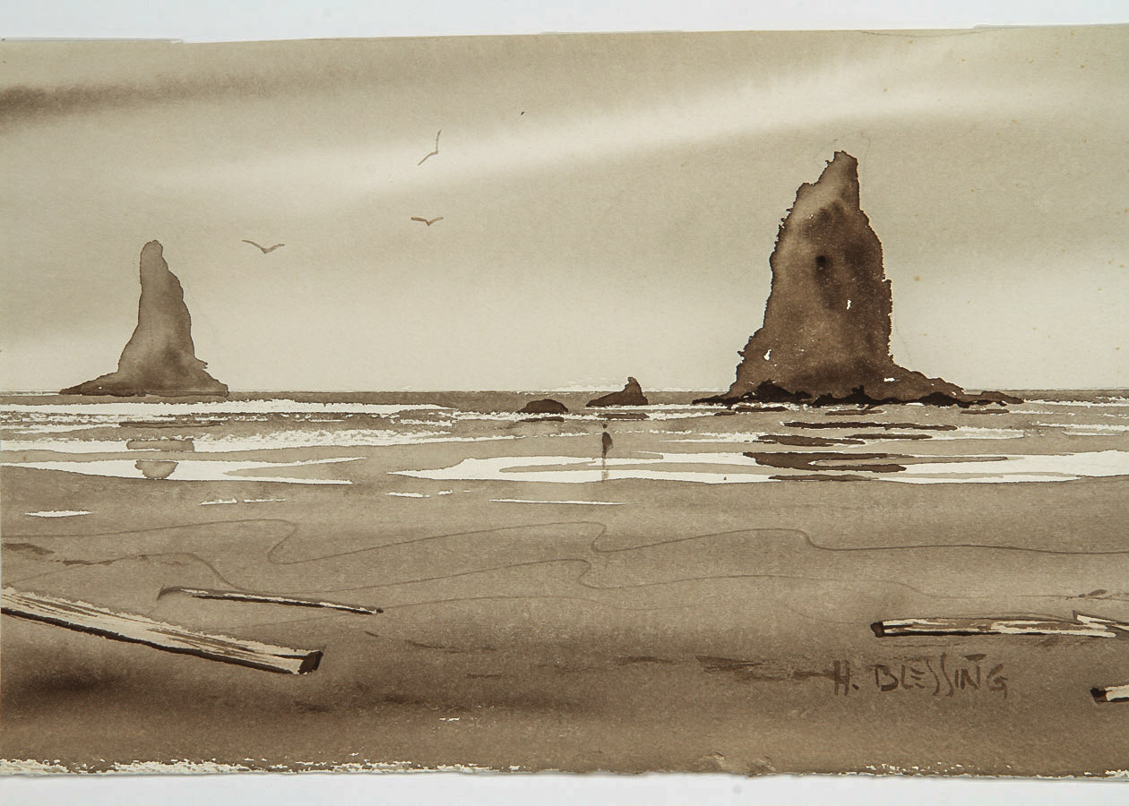 H. Blessing Ink Wash on Paper "Oregon Coast"