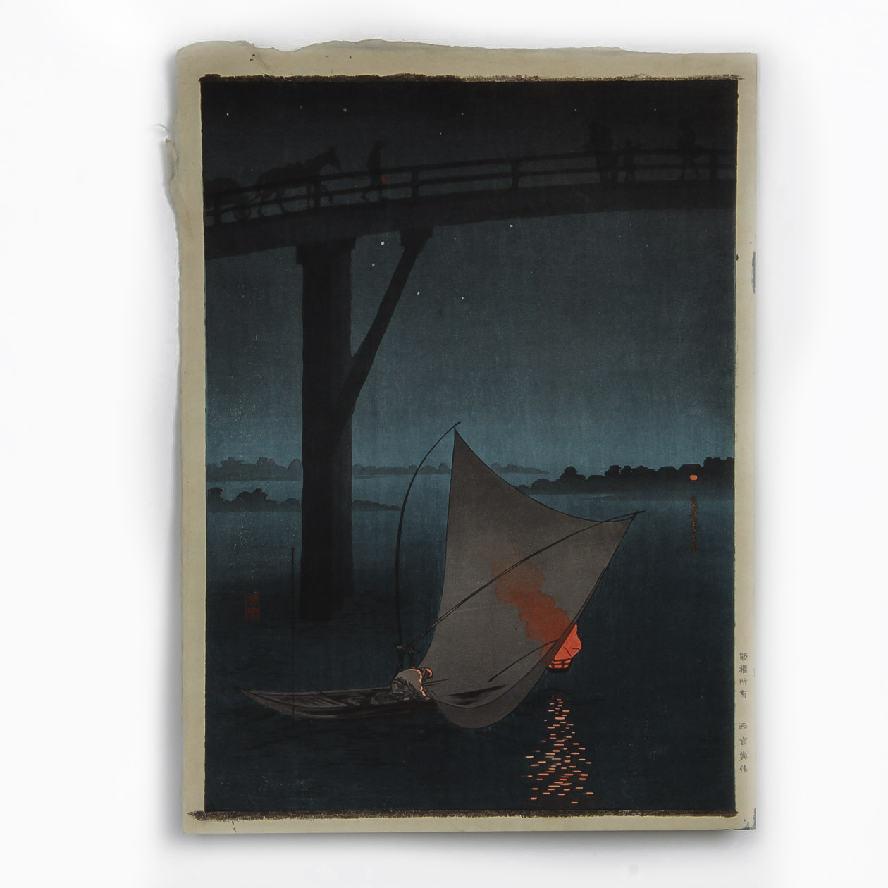 Utagawa Yoshimune II Woodcut Print on Paper "Fisherman at Night"