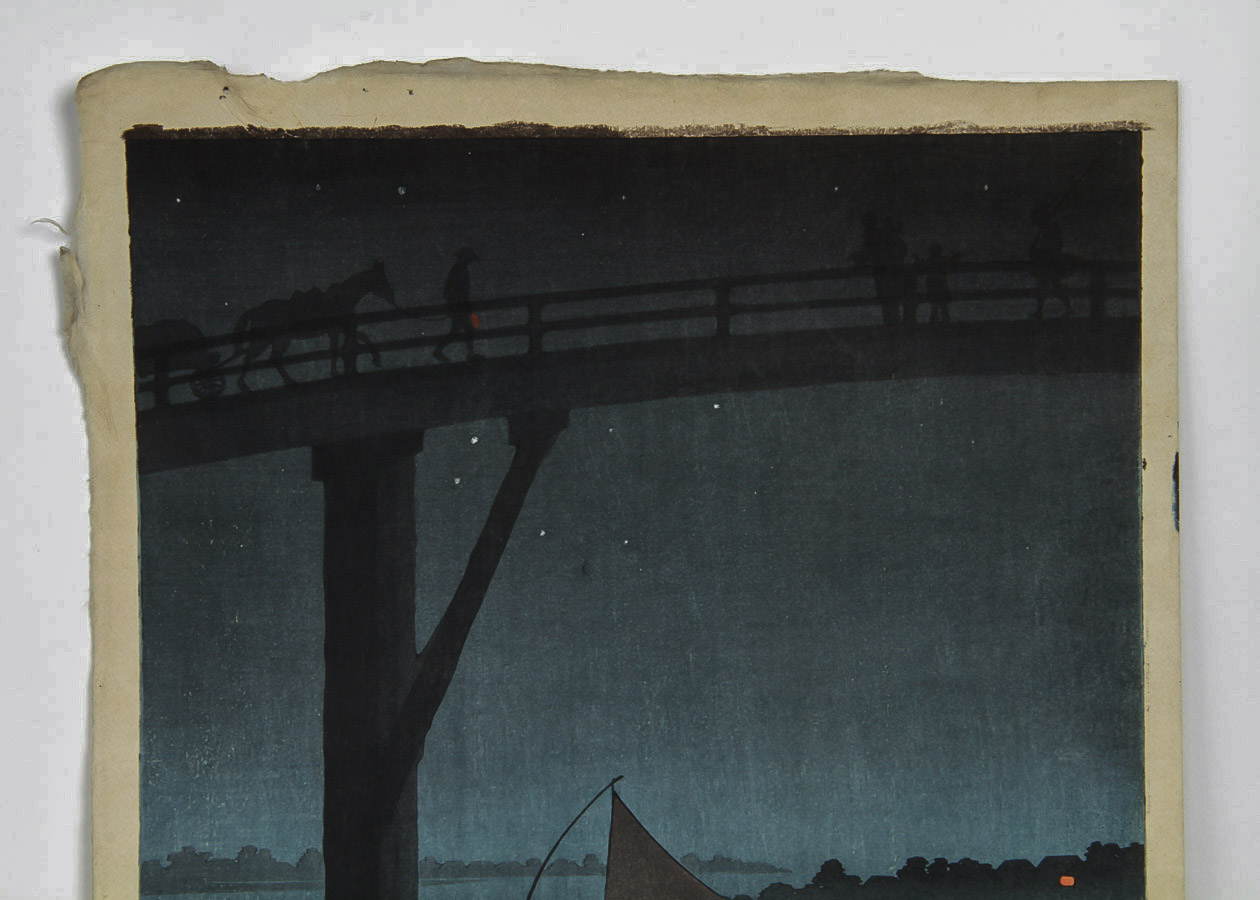 Utagawa Yoshimune II Woodcut Print on Paper "Fisherman at Night"