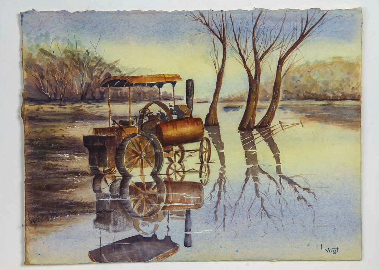 Lucien Vogt Watercolor on Arches Paper "Steam Tractor Reflections"
