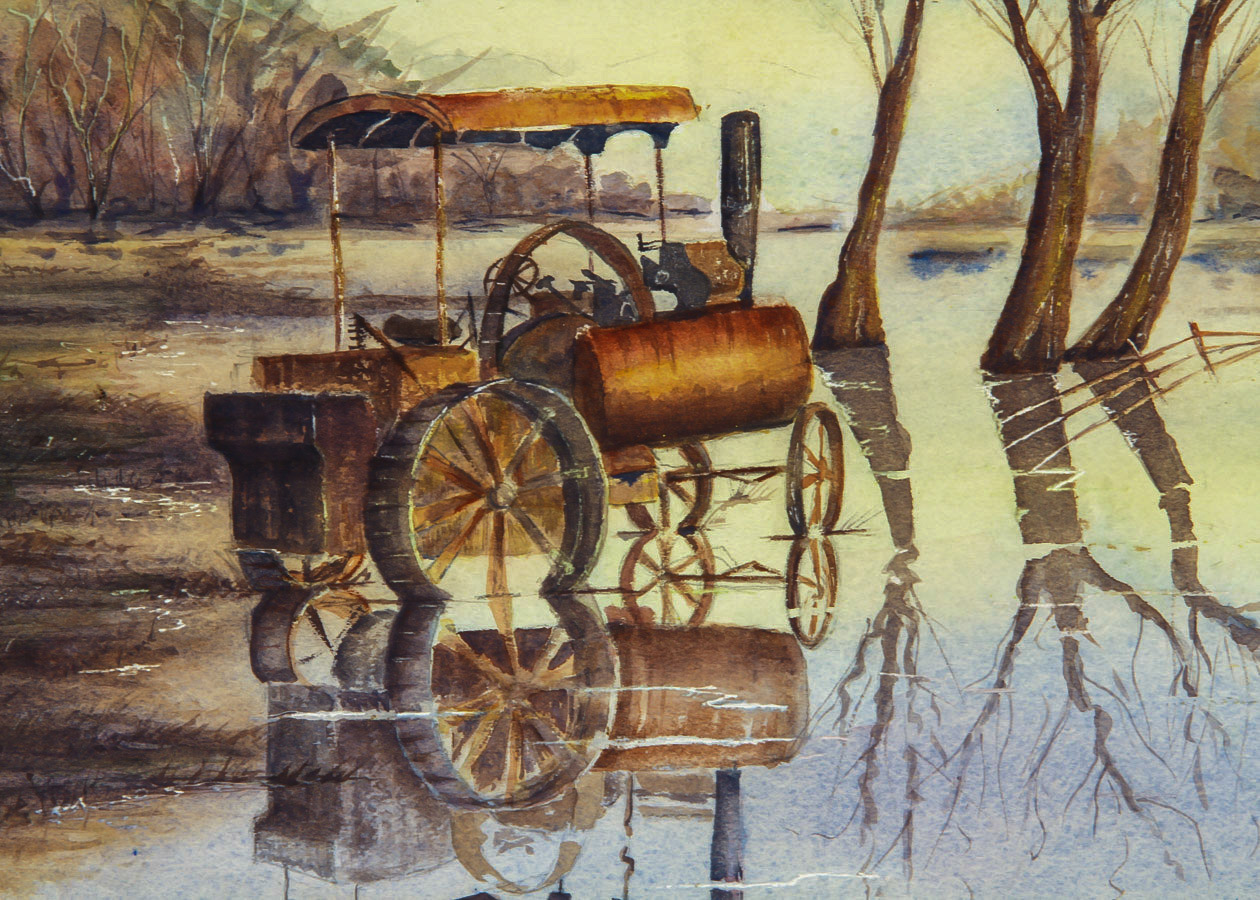 Lucien Vogt Watercolor on Arches Paper "Steam Tractor Reflections"