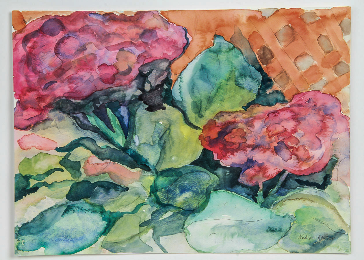 Nadia Keiser Watercolor and Graphite Painting on Paper "Floral Border"