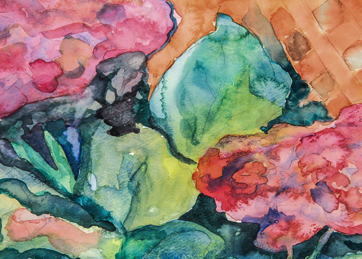Nadia Keiser Watercolor and Graphite Painting on Paper "Floral Border"