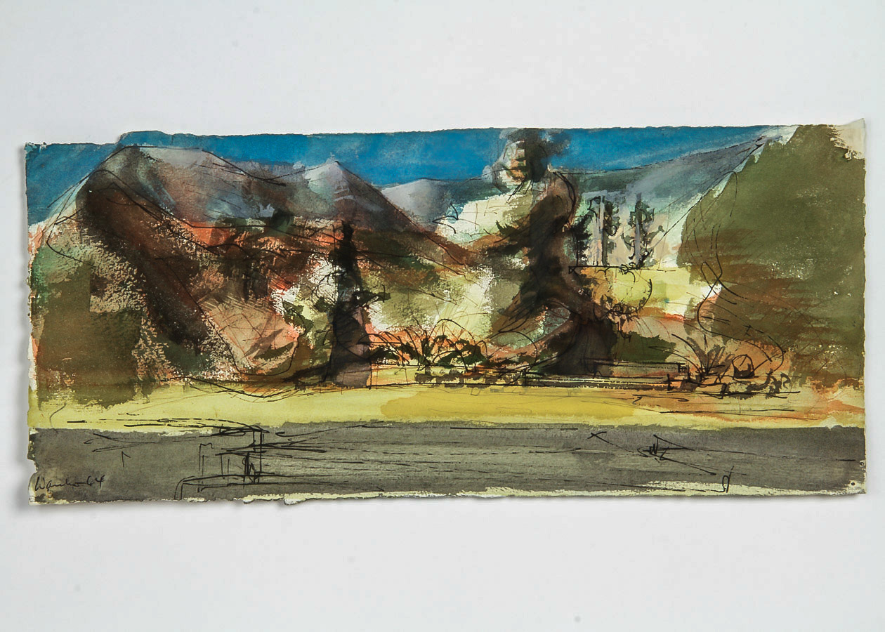 Ink and Watercolor Painting on Paper of Abstract Landscape