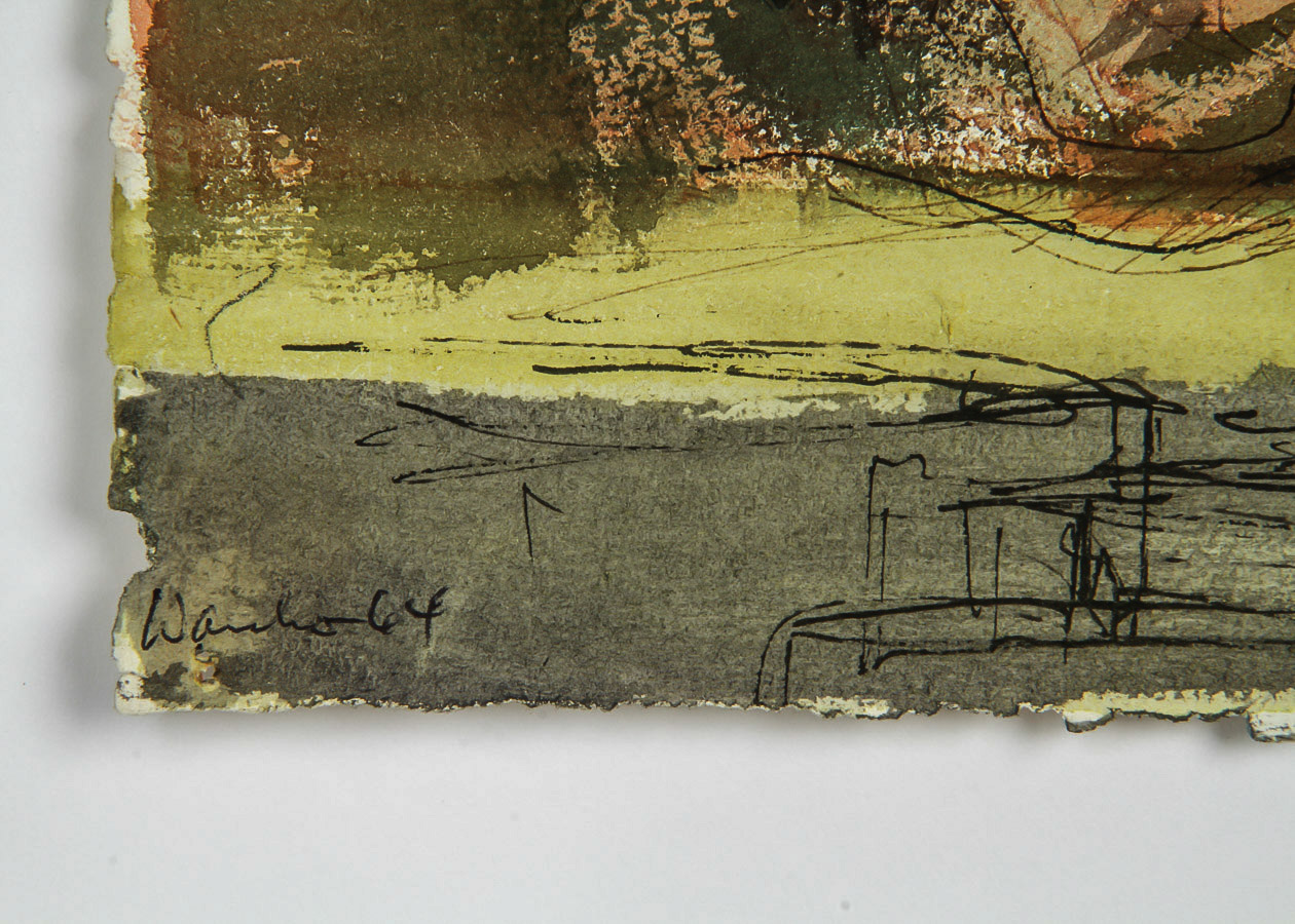 Ink and Watercolor Painting on Paper of Abstract Landscape