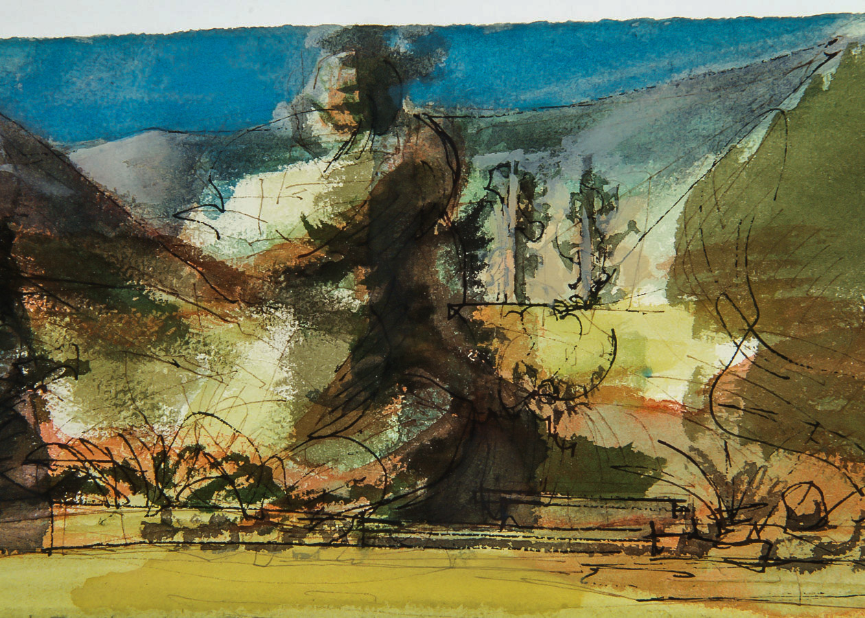 Ink and Watercolor Painting on Paper of Abstract Landscape