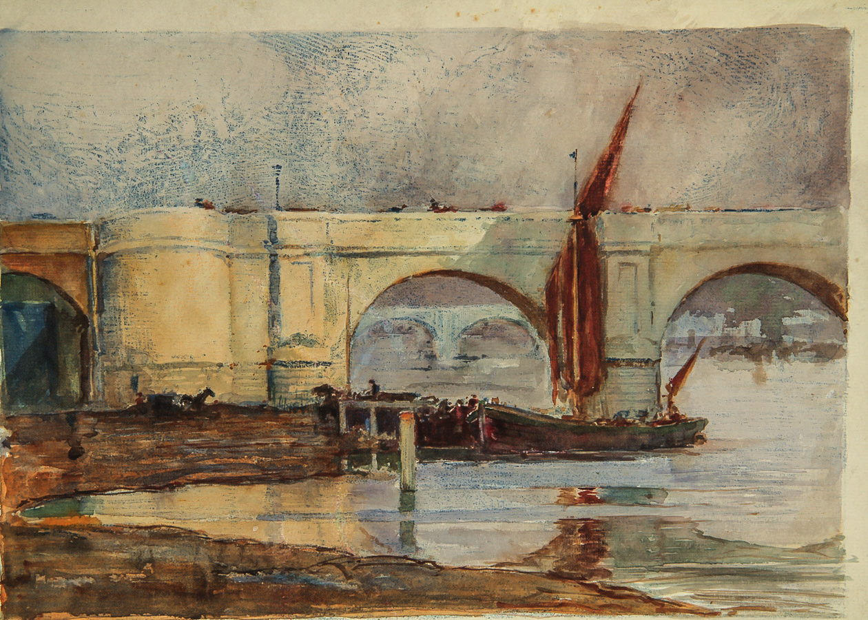 French School Watercolor and Oil Pastel Painting on Card "Bridge at Low Tide"