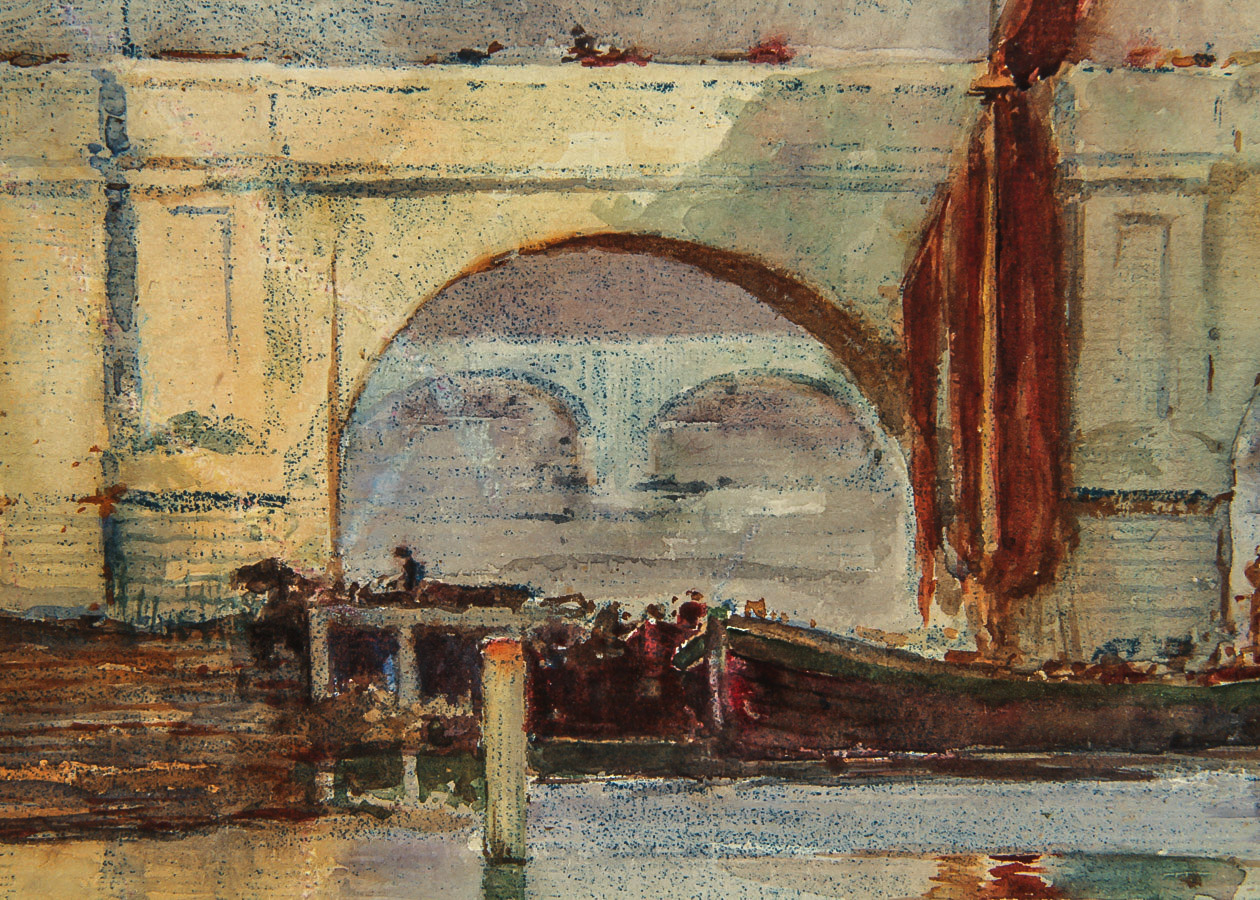 French School Watercolor and Oil Pastel Painting on Card "Bridge at Low Tide"