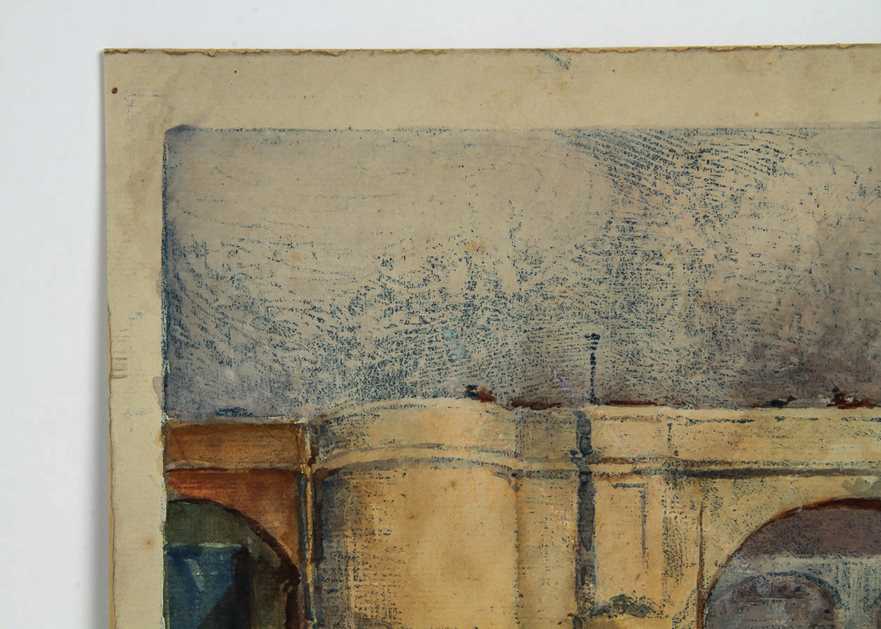 French School Watercolor and Oil Pastel Painting on Card "Bridge at Low Tide"