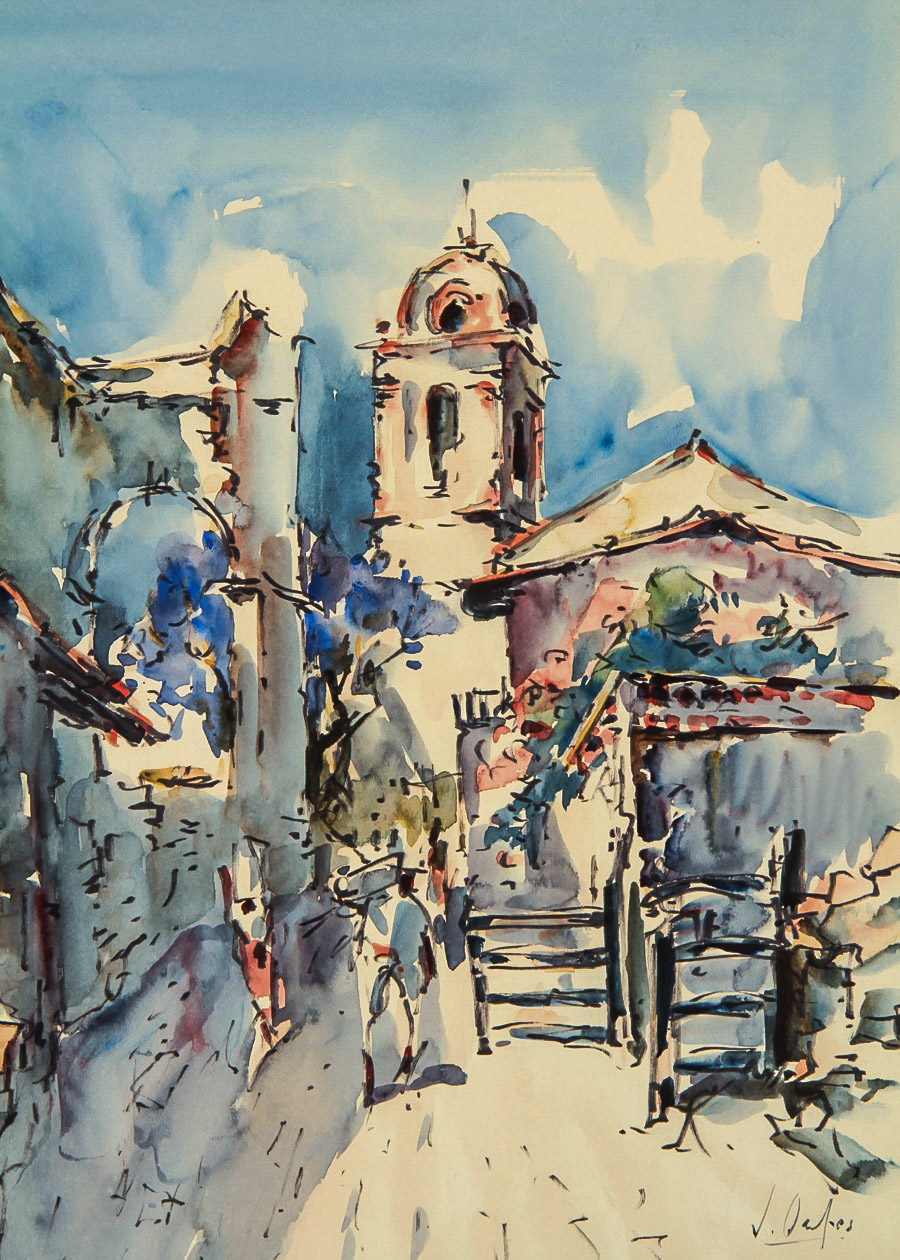 Mixed Media on Paper of a Street Scene