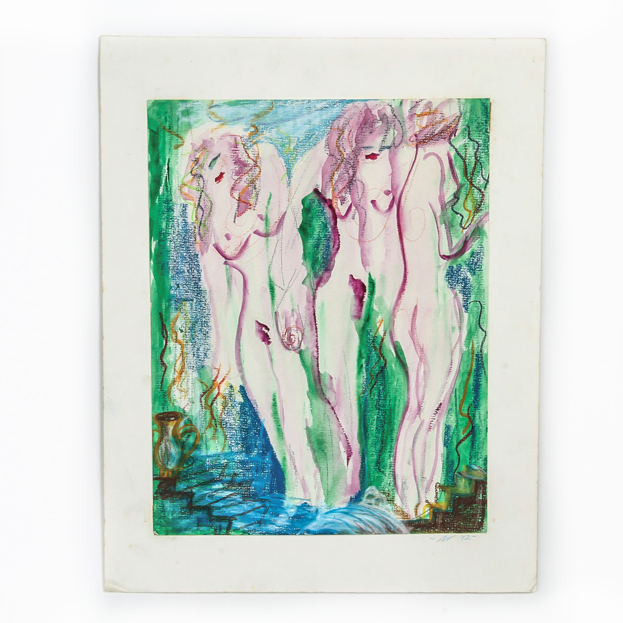 Watercolor and Oil Pastel Painting on Paperboard "The Three Graces"