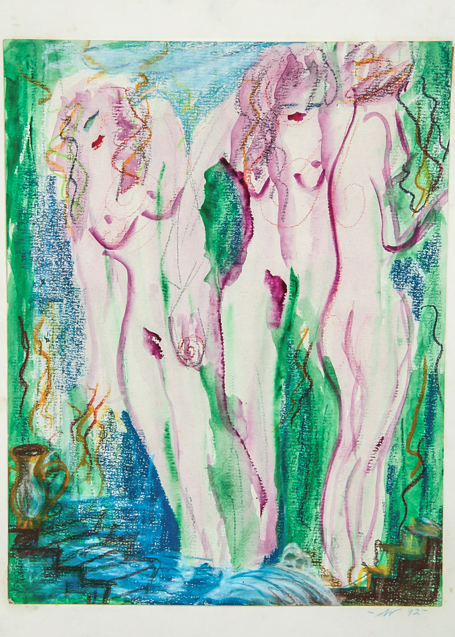 Watercolor and Oil Pastel Painting on Paperboard "The Three Graces"