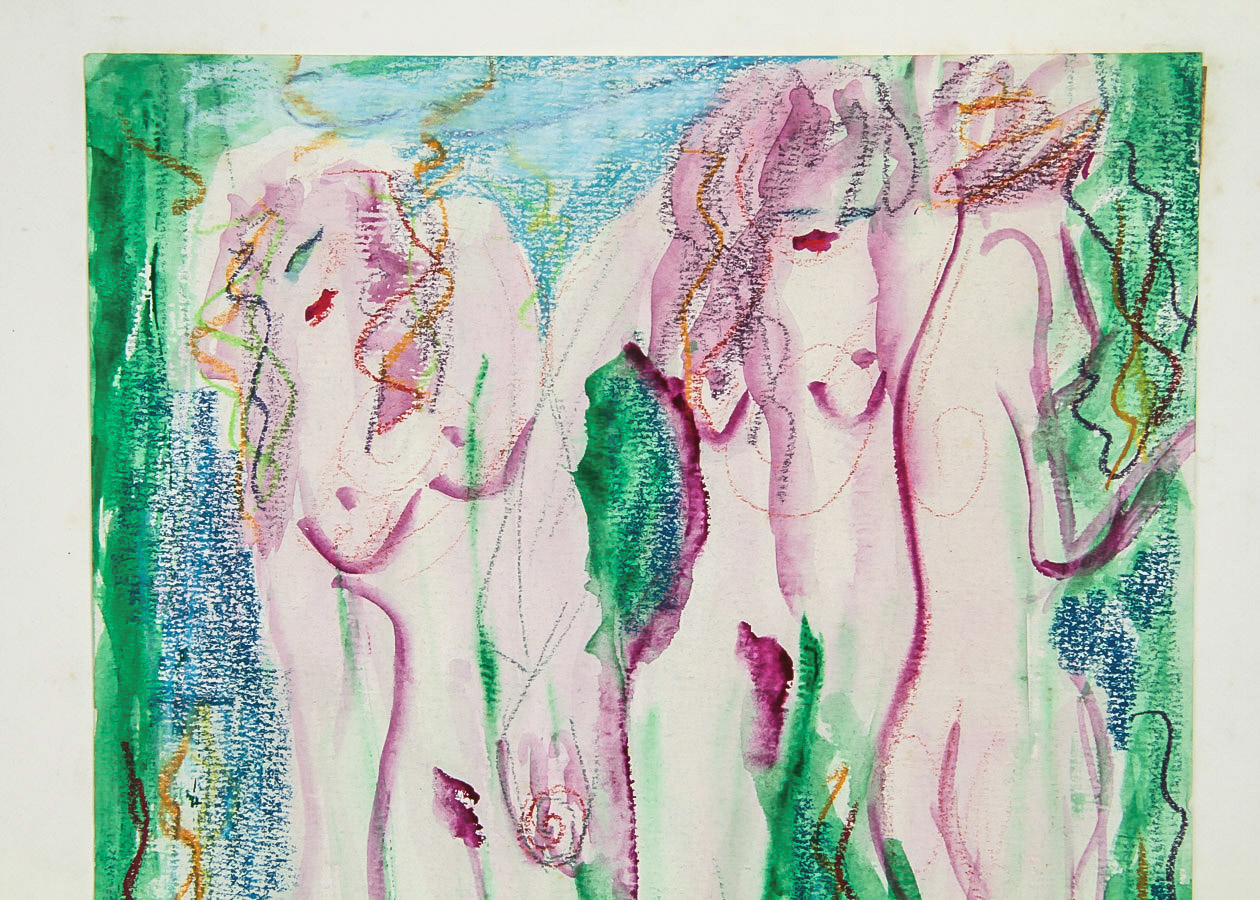 Watercolor and Oil Pastel Painting on Paperboard "The Three Graces"
