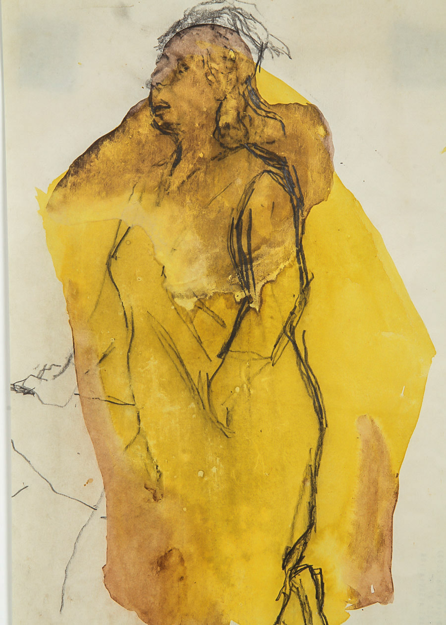 Janet Ament de la Roche Watercolor and Graphite Painting on Paper "Figural in Ochre and Wheat"