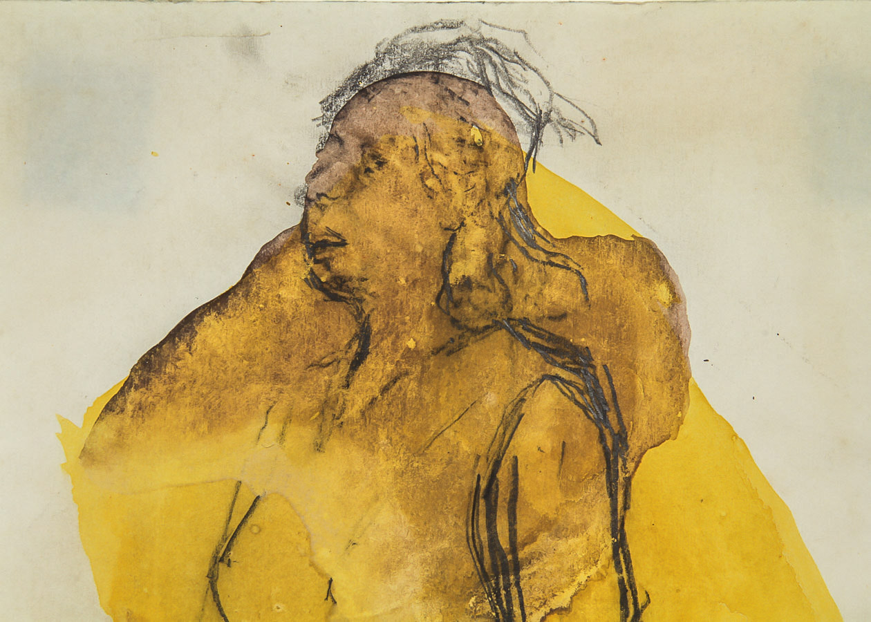 Janet Ament de la Roche Watercolor and Graphite Painting on Paper "Figural in Ochre and Wheat"