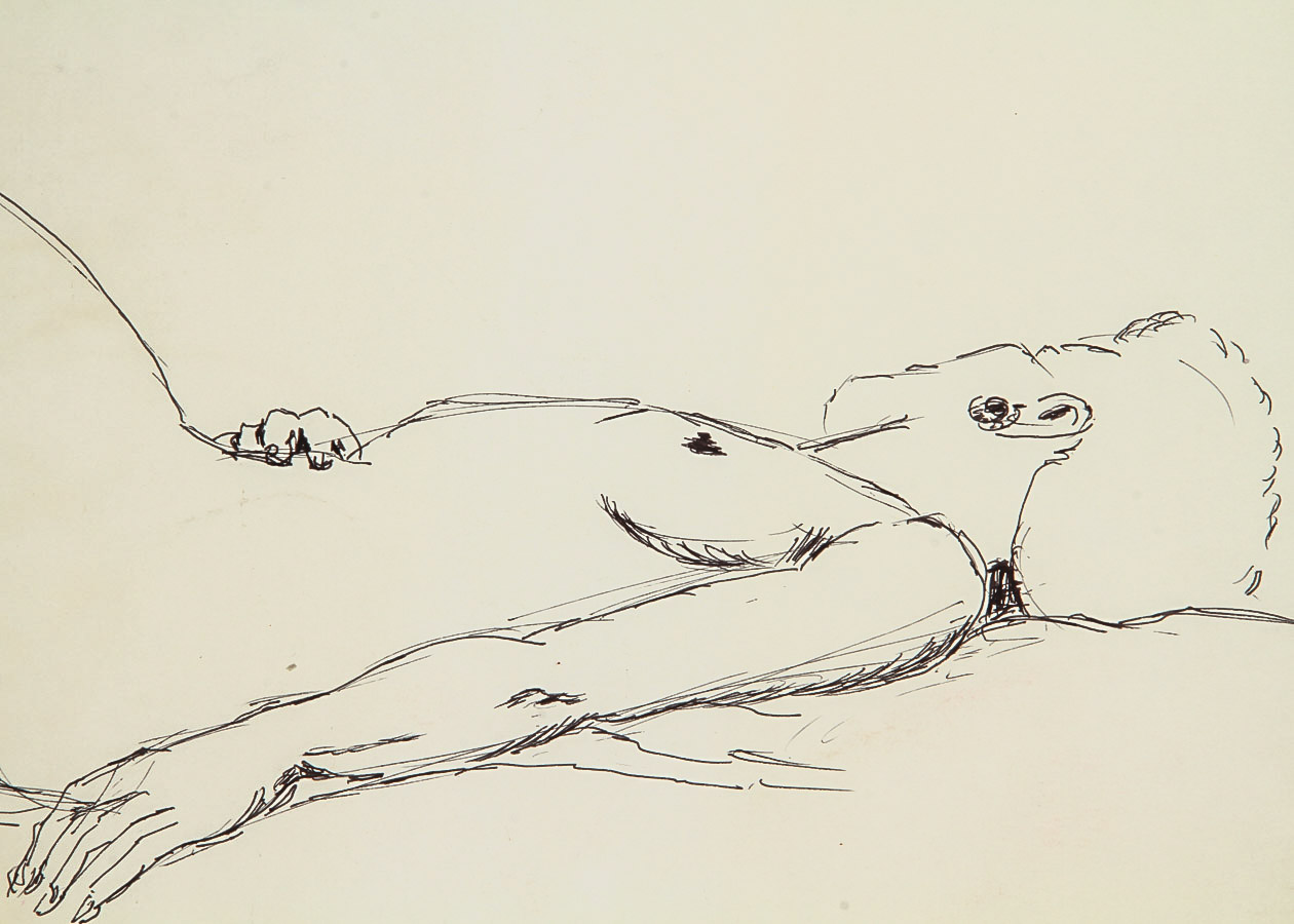 Michael Decker Pen and Ink Drawing on Paper "Reclining Nude"