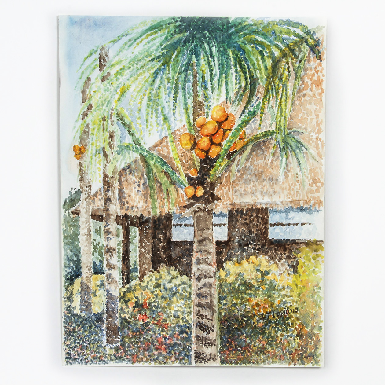 F.T. Lopiano Watercolor Painting on Paper "Tropical Beach Bungalow"