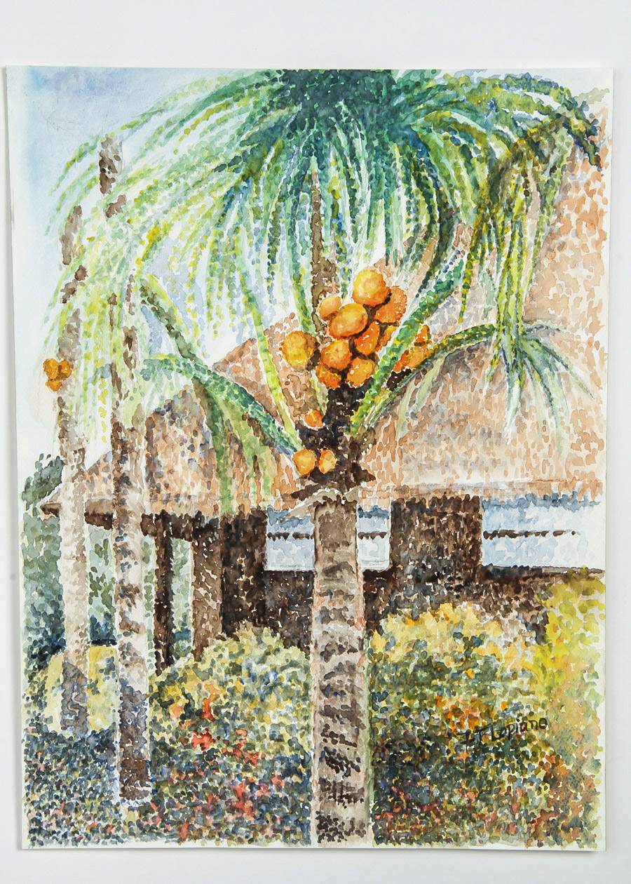 F.T. Lopiano Watercolor Painting on Paper "Tropical Beach Bungalow"