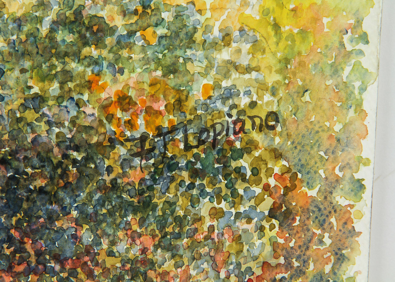 F.T. Lopiano Watercolor Painting on Paper "Tropical Beach Bungalow"