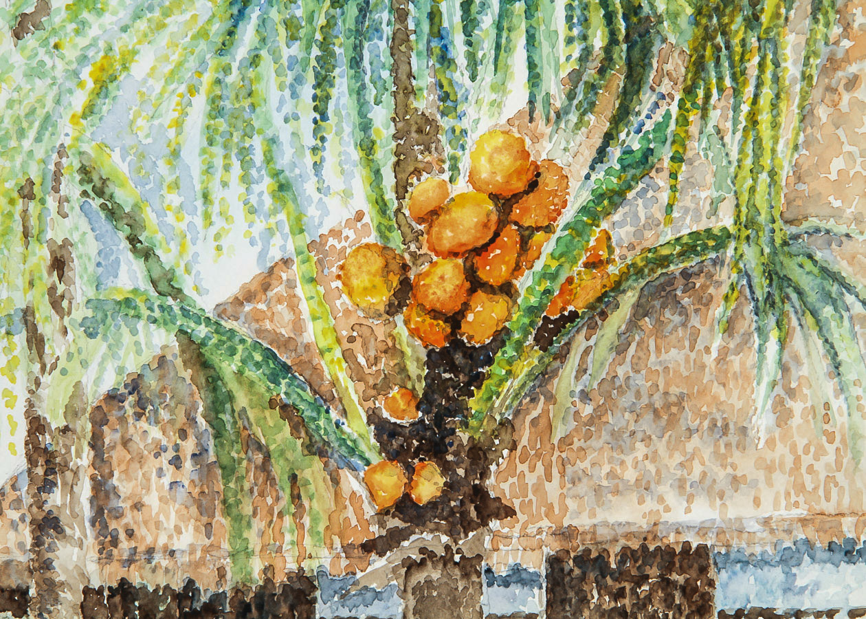 F.T. Lopiano Watercolor Painting on Paper "Tropical Beach Bungalow"