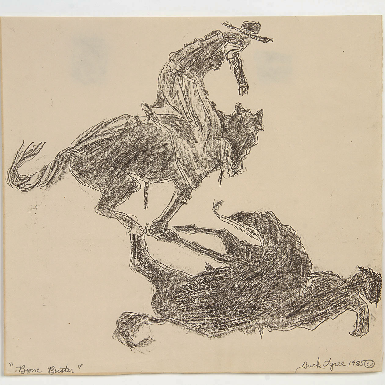 Buck Tyree Graphite Drawing on Paper "Bronc Buster"