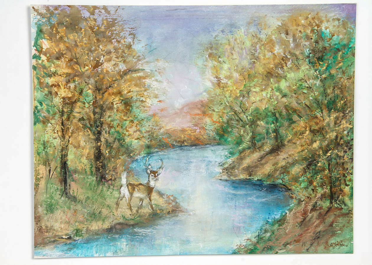 T. Richardson Mixed Media Painting on Cardboard "Sunset, River Landscape"