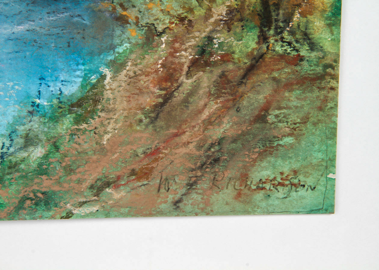 T. Richardson Mixed Media Painting on Cardboard "Sunset, River Landscape"