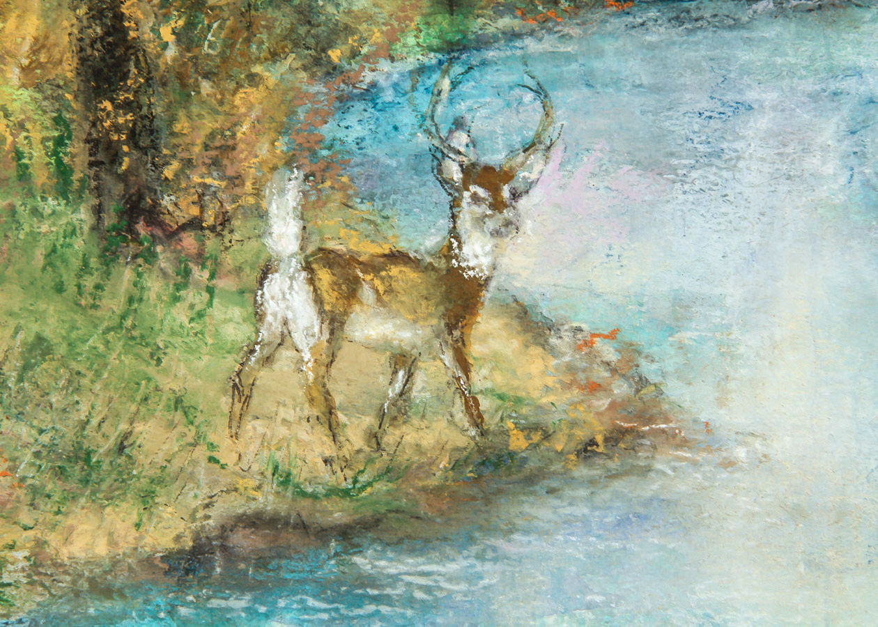 T. Richardson Mixed Media Painting on Cardboard "Sunset, River Landscape"