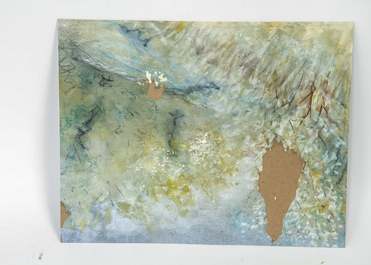 T. Richardson Mixed Media Painting on Cardboard "Sunset, River Landscape"